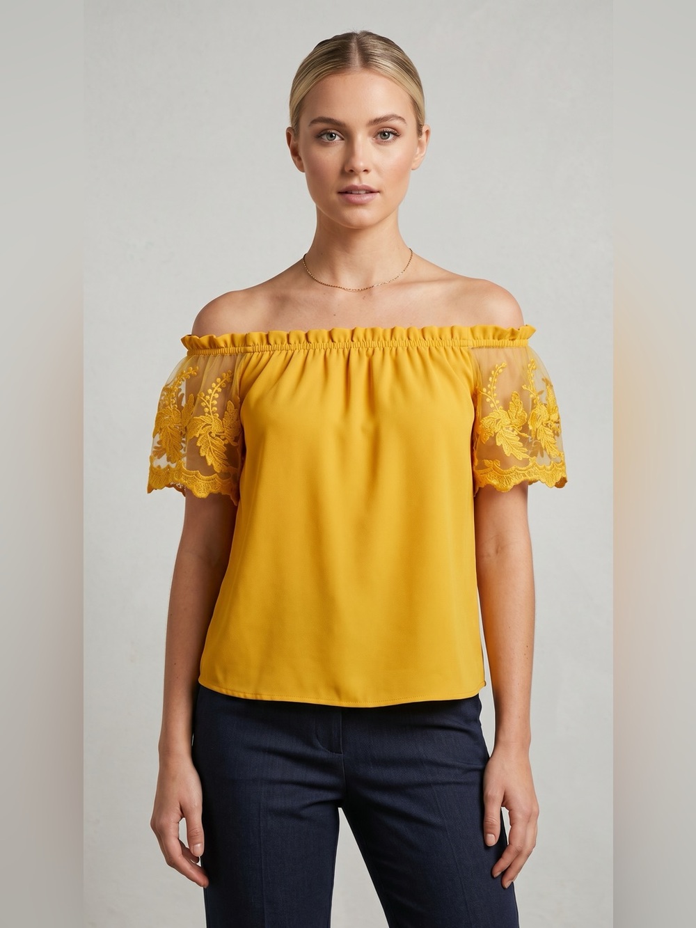 iris Off-Shoulder Embroidered Sleeve Top - Mustard Yellow